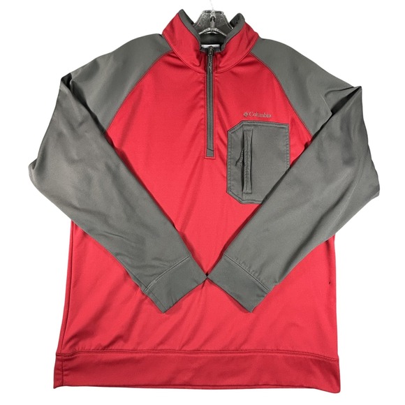 Columbia Pullover Mens Large Red Gray Half Zip Fleece Raglan Zip Pocket Stretch - Picture 1 of 10